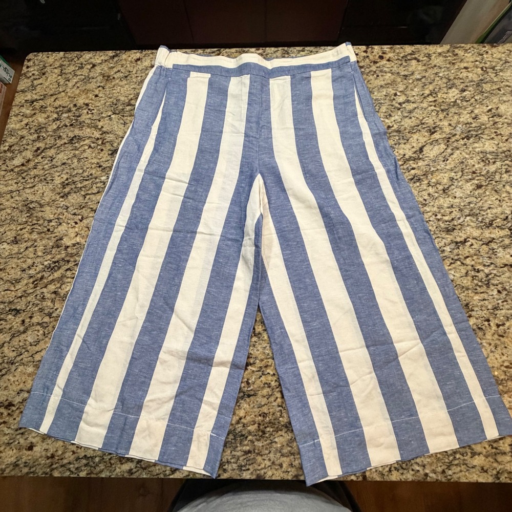 Madewell Blue White Striped Linen Blend Wide Leg Crop Pants Large XL